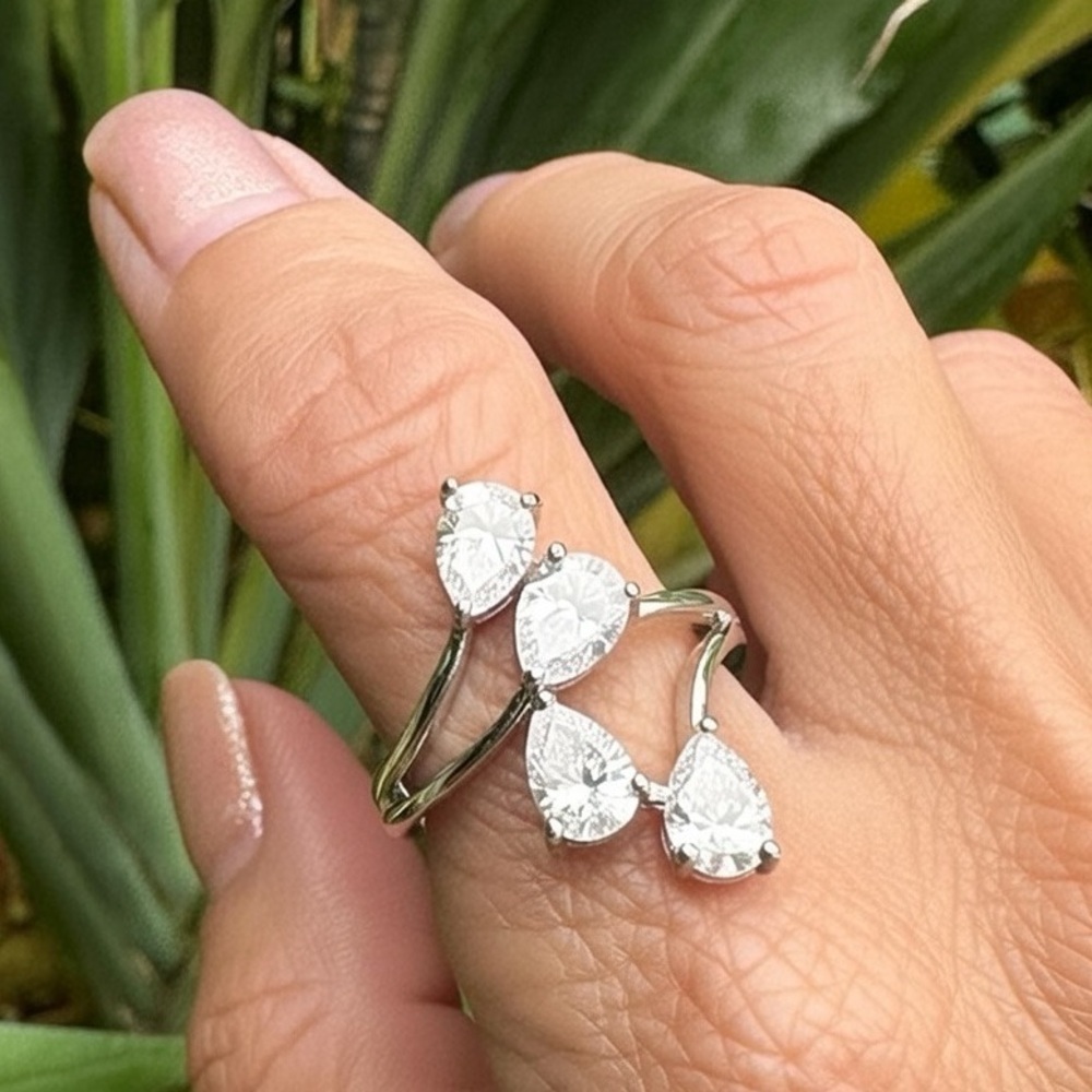 Swarovski Pear Cut Crystal Bypass Ring Sterling Silver Women's Elegant 8.75